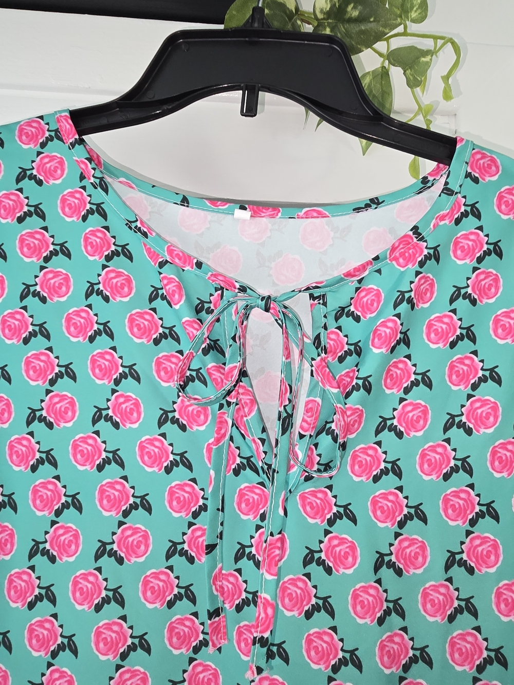 Tie-Neck Maxi Dress in Teal with Pink Rose Print